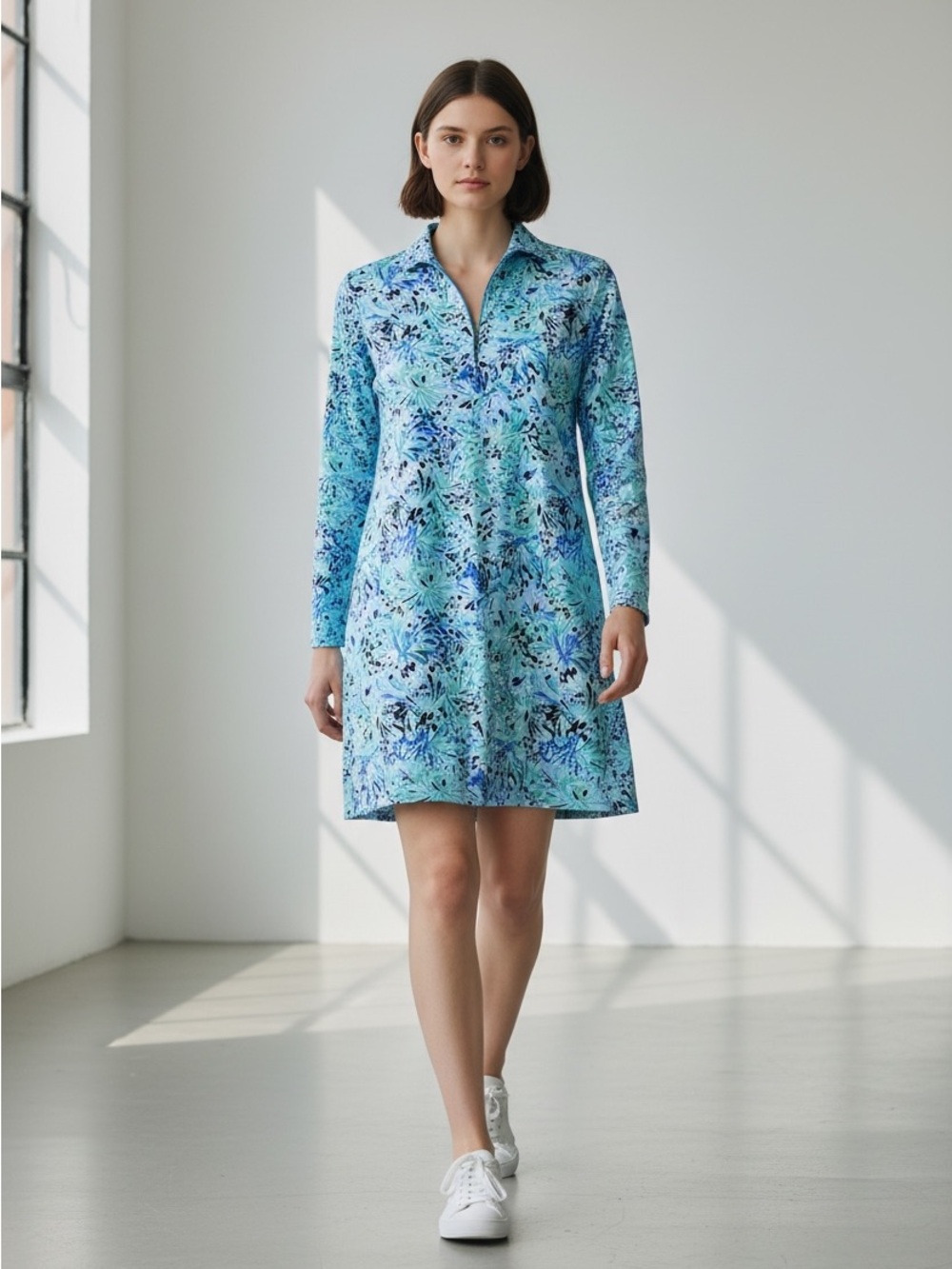 Emerald 18 Printed Quarter-Zip Tunic Golf Dress in Aqua, Mint, Navy